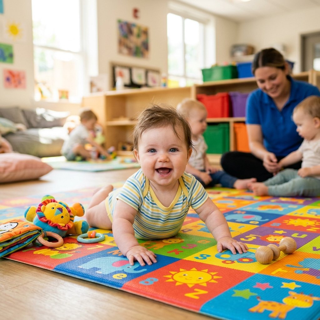 Baby discovering and playing during tummy time